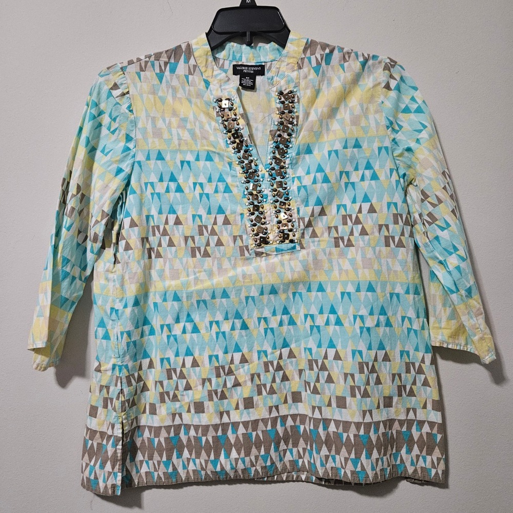 Valerie Stevens Petites Geometric Beaded Cotton Tunic Top Blue Yellow‎ 8P